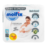 Molfix Premium Diaper, Jumbo Economy, Newborn 1, 2-5KG, 78 PCs