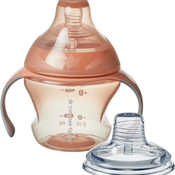 Tommee Tippee Transition Cup, Breast-Like Teat and Soft Silicone Spout, Removable Easy-Grip Handles, Leakproof Lid, 150ml, 4-7m+, Pink