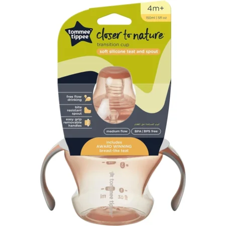 Tommee Tippee Transition Cup, Breast-Like Teat and Soft Silicone Spout, Removable Easy-Grip Handles, Leakproof Lid, 150ml, 4-7m+, Pink