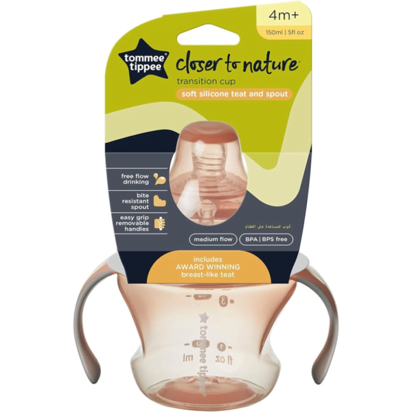 Tommee Tippee Transition Cup, Breast-Like Teat and Soft Silicone Spout, Removable Easy-Grip Handles, Leakproof Lid, 150ml, 4-7m+, Pink