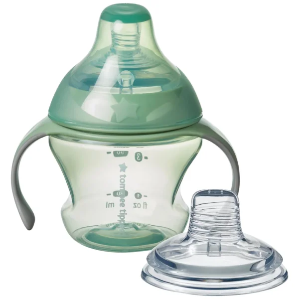 Tommee Tippee Transition Cup, Breast-Like Teat and Soft Silicone Spout, Removable Easy-Grip Handles, Leakproof Lid, 150ml, 4-7m+, Green