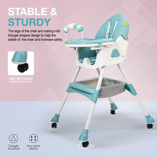 Baby High Chair for Kids with Adjustable Height, Footrest, Wheels, Safety Belt and Cushion For Infants & Toddlers |6 Months to 4 Years