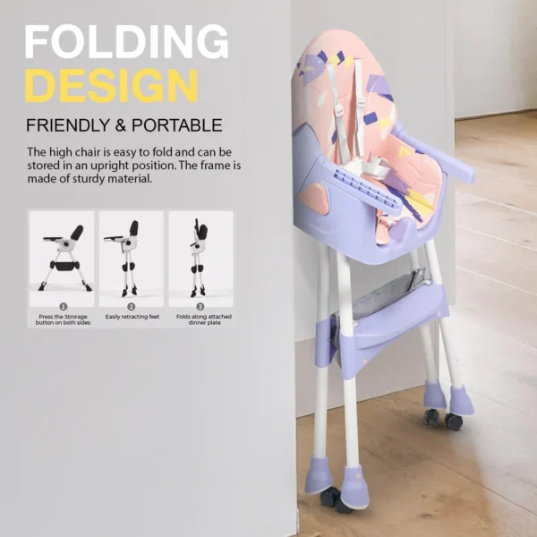 Baby High Chair for Kids with Adjustable Height, Footrest, Wheels, Safety Belt and Cushion For Infants & Toddlers |6 Months to 4 Years