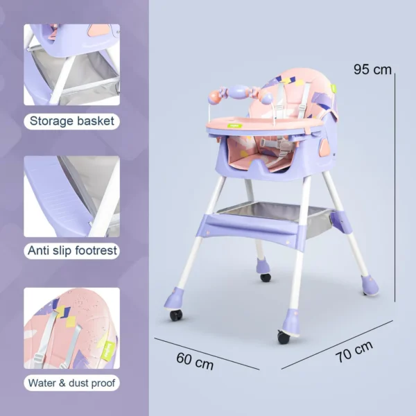 Baby High Chair for Kids with Adjustable Height, Footrest, Wheels, Safety Belt and Cushion For Infants & Toddlers |6 Months to 4 Years