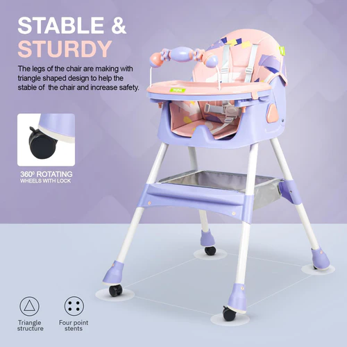 Baby High Chair for Kids with Adjustable Height, Footrest, Wheels, Safety Belt and Cushion For Infants & Toddlers |6 Months to 4 Years