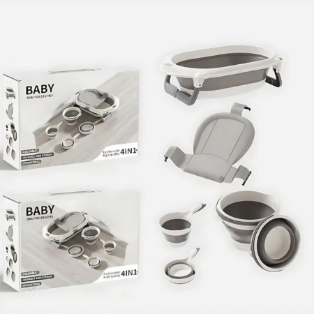 4-in-1 Baby Bath Tub with Baby Bath Cushion, Foldable Bucket & Mug, Anti-Slip Legs, Space-Saving Design & Support Bath Net